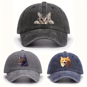 3pcs/set Adorable Funny Cat Print Baseball Cap - Retro Washed Vintage Style With Adjustable Curved Brim For Unisex Sun Protection - Quirky, Durable & Comfortable