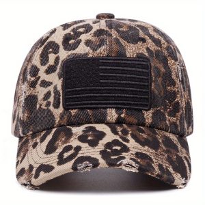 Cool Hippie Classic Sexy Leopard Print Baseball Cap, Embroidery Black USA Flag Trucker Hat, Snapback Hat For Casual Leisure Outdoor Sports