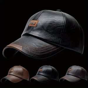 1pc Men's Plus Velvet Baseball Cap, PU Leather Baseball Hat with Autumn Winter Fashion Design