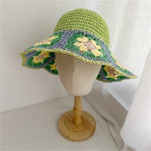 Women'S Sun Hat Cute Flower Breathable Wide Brim Sun Protection Adjustable Bucket Hat Straw Hat for Daily Beach Vacation