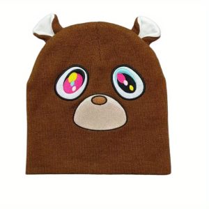 Cute Cartoon Bear Knitted Beanie Hat Unisex Winter Warm Skull Cap for Students Couples 90% Cotton Soft Fabric