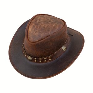 Genuine Leather Cowgirl &Cowboy Hat Western Australian Outback Hat With Shapeable Wide Brim Brown Australian Style Leather Hat