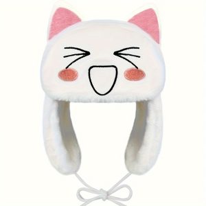 Cartoon Cat Ears Winter Hat with Ear Warmers, Hand Washable Knitted Polyester Trapper Hat with Drawstring Closure, Animal Themed Birthday Accessory, Fits Women