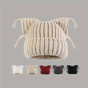 1pc Whimsy Women'S Cat Ear Tassel Beanie - Stretchable, Lightweight Knit Cap with Hand Washable Acrylic Material for Autumn and Winter Fashion Accessory