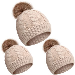 FICERD 3-Pack Adult Knitted Beanies with Pom Poms - Unisex Winter Warm Cable Knit Hats, High Elasticity, Soft Polyester, Exquisite Tailoring - Beige