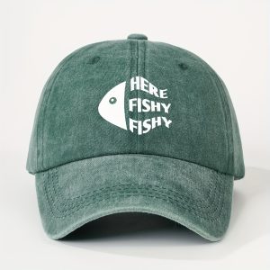 Vintage Washed "Here Fishy Fishy" Distressed Baseball Cap - 100% Cotton Snapback Outdoor Sports Hat for Men and Women, Hand Washable, Woven Fabric, Single Pack