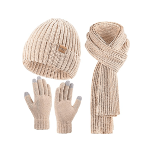 Womens Winter Warm Knit Beanie Hat Touchscreen Gloves Long Neck Scarf Set with Fleece Lined Skull Caps Gifts for Women