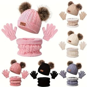 2 Sets Winter Knit Beanie Hat With Double Pom Poms, Neck Warmer Scarf, And Touch Screen Gloves Set, Cozy Fleece Lined Warm Accessories For Women