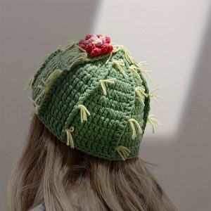 Charming Cactus Crochet Beanie - Cozy Knit Winter Hat for Women, Stretch Fit, Hand Washable, Perfect for Christmas & Casual Attire