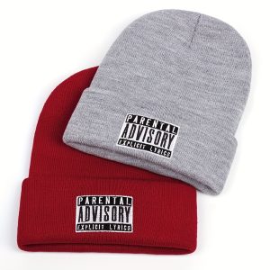 Parental Advisory Explicit Lyrics Embroidered Acrylic Beanie - Casual Knit Skull Cap, Hand Washable, Non-Stretch Fabric, Lightweight Knitted Hat with Polyester Fiber Filling for Men and Women